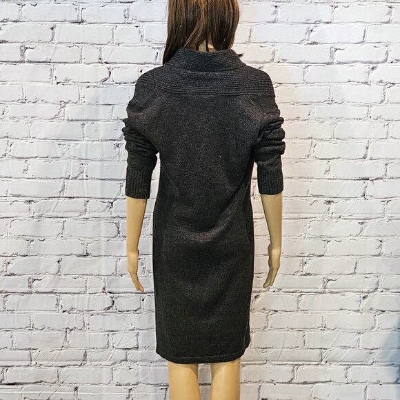 EVAN PICONE, Charcoal gray wrap-over neckline knee length knit sweater dress - Picture 8 of 9